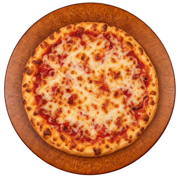 Small cheese pizza on a wooden board