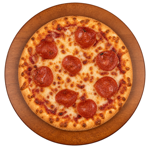 Small pepperoni pizza on a wooden board