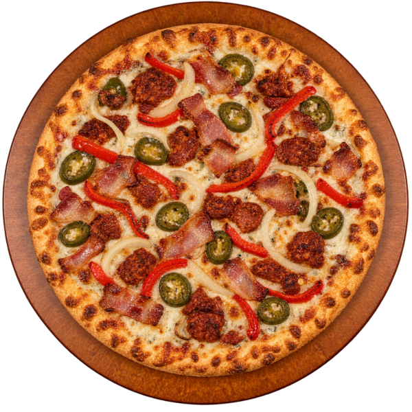Pizza with jalapeño ranch, onions, red peppers, chorizo, jalapeños and bacon
