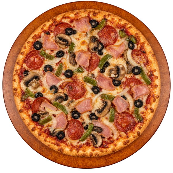 Pizza with ham, onions, mushrooms, pepperoni, green peppers and black olives