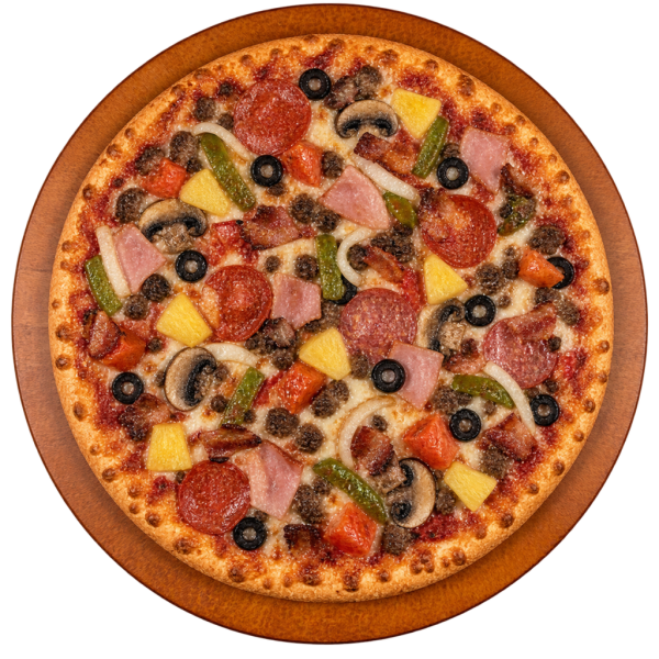 Pizza with pepperoni, mushrooms, ham, onions, green peppers, salami, black olives, tomatoes, pineapple, ground beef and bacon