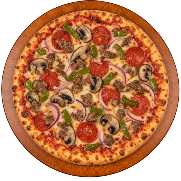 Pizza with mushrooms, pepperoni, green peppers, red onions and Italian sausage